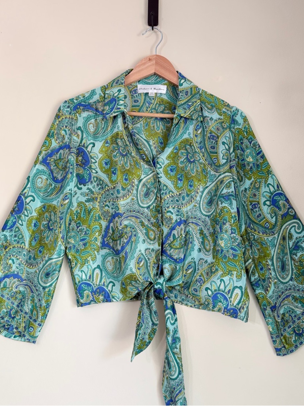 Chelsea & Theodore Green Paisley Tie-Front Blouse - Picture 6 of 14
